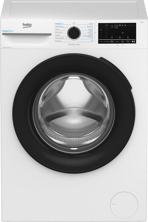 Beko b300 BMW8149DB: Lavatrice 8kg, classe A-30%, 1400giri, linea estetica NX, motore inverter, display touch, porta nera, tecnologia EnergySpin™, funzione vapore